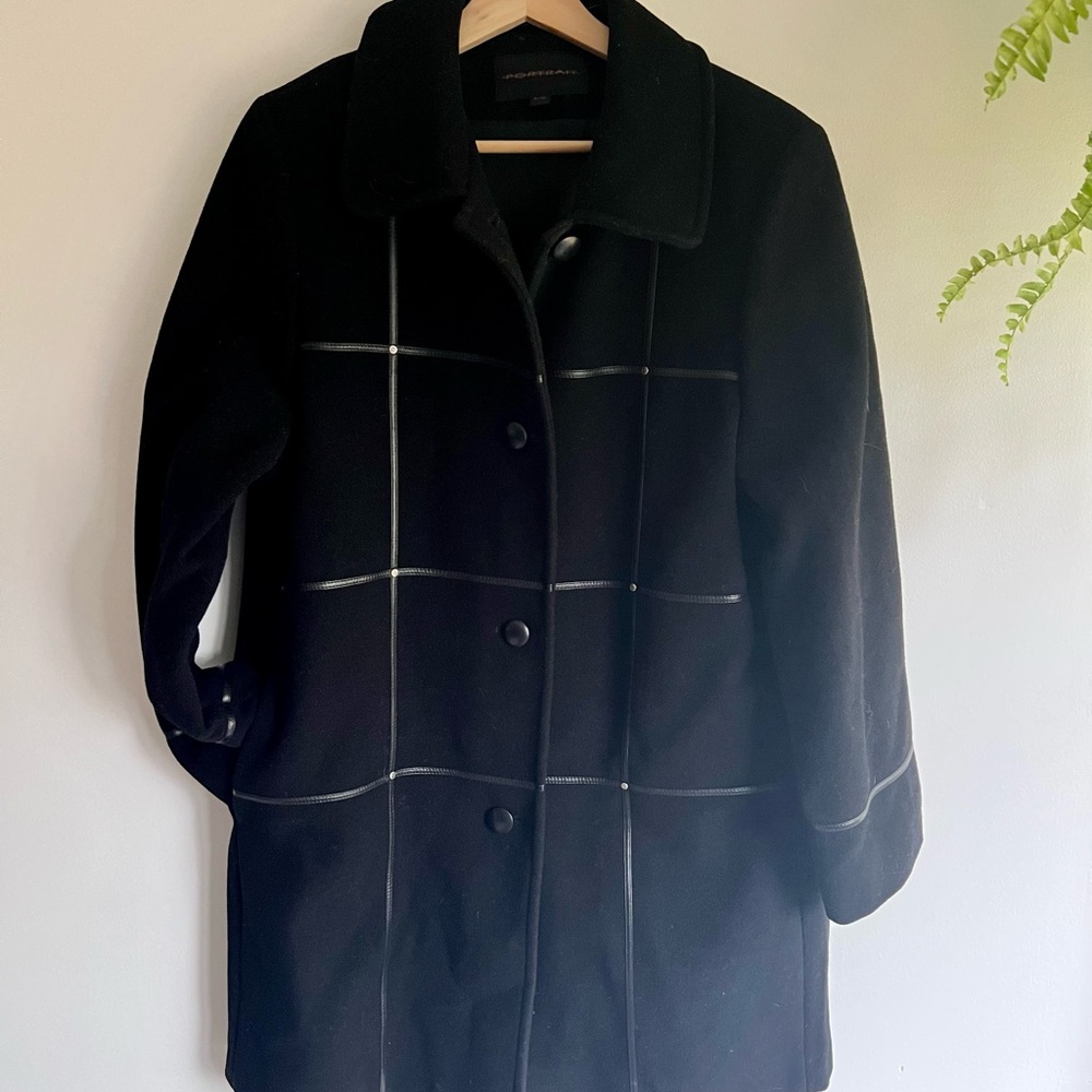 Chic Portrait Black Pea Coat with White Genuine Leather Accents